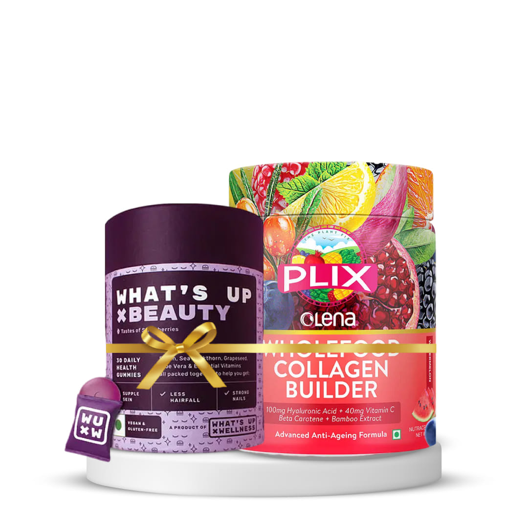 nurturing beauty from the inside out | plix plant-based collagen builder powder with hyaluronic acid & vitamin c (watermelon flavour, pack of 1) + what's up beauty gummies for hair, skin and nails - pack of 30 gummies
