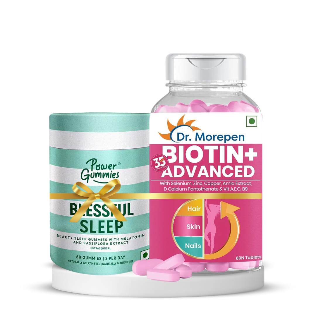 Beauty and Restful Sleep Support | DR. MOREPEN Biotin+ for Hair Growth, Glowing Skin & Healthy Nails, Multivitamins & Natural Extracts - 60 Veg Tablets + Power Gummies Blessful Sleep, 60 gummies, Passion Fruit-picture-19