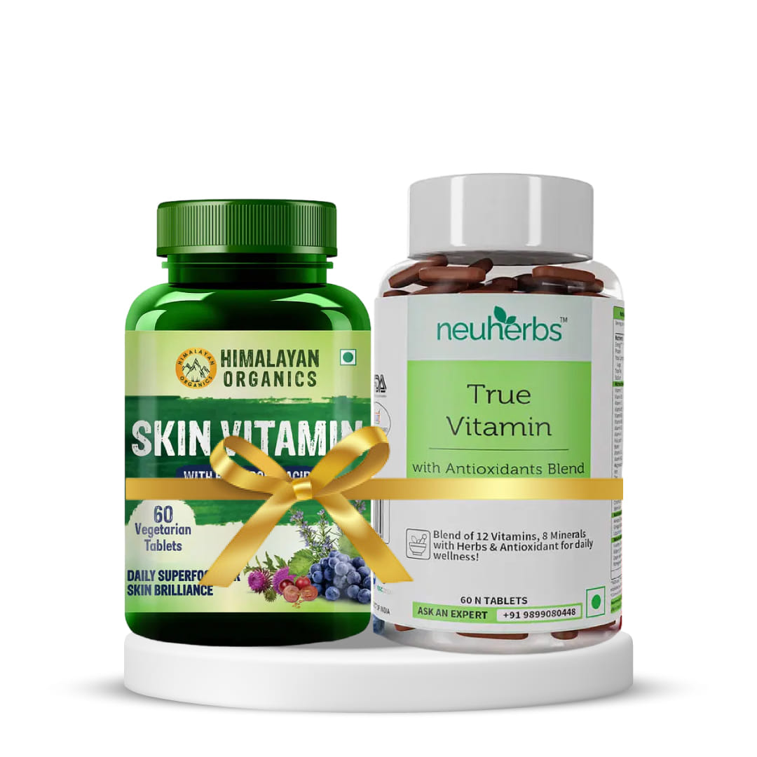 vitamin support for skin glow and hydration | neuherbs true vitamin 60 tablets + himalayan organics skin vitamin with hyaluronic acid, grape seed extract & silybum extract â€“ 60 veg tablets
