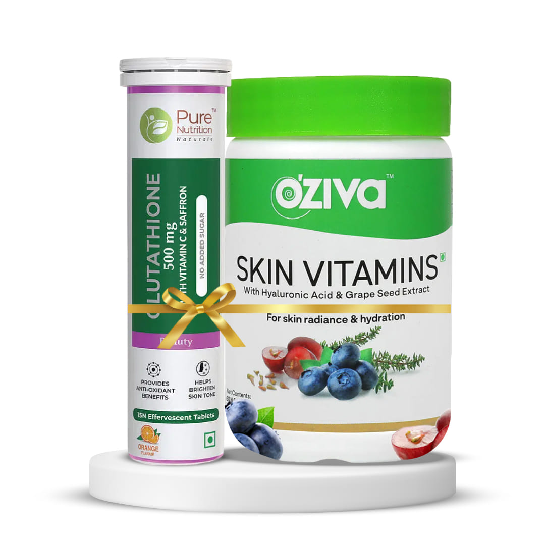 glowing skin and inner health | pure nutrition glutathione 15 tablets effervescent- 500 mg + oziva skin vitamins 60 capsules skin vitamins